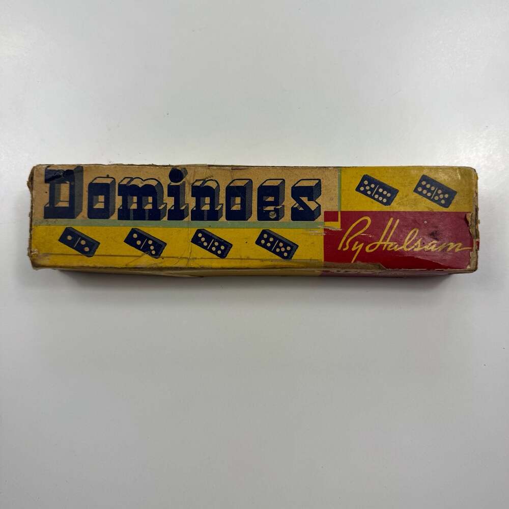 Vintage Halsam Double Six Dominoes Set with Empire State Building Backs and Orig